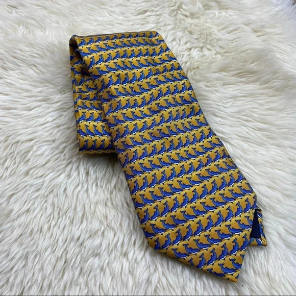 Burberry London Yellow and Blue Dolphin Print Silk Tie - Picture 2 of 6